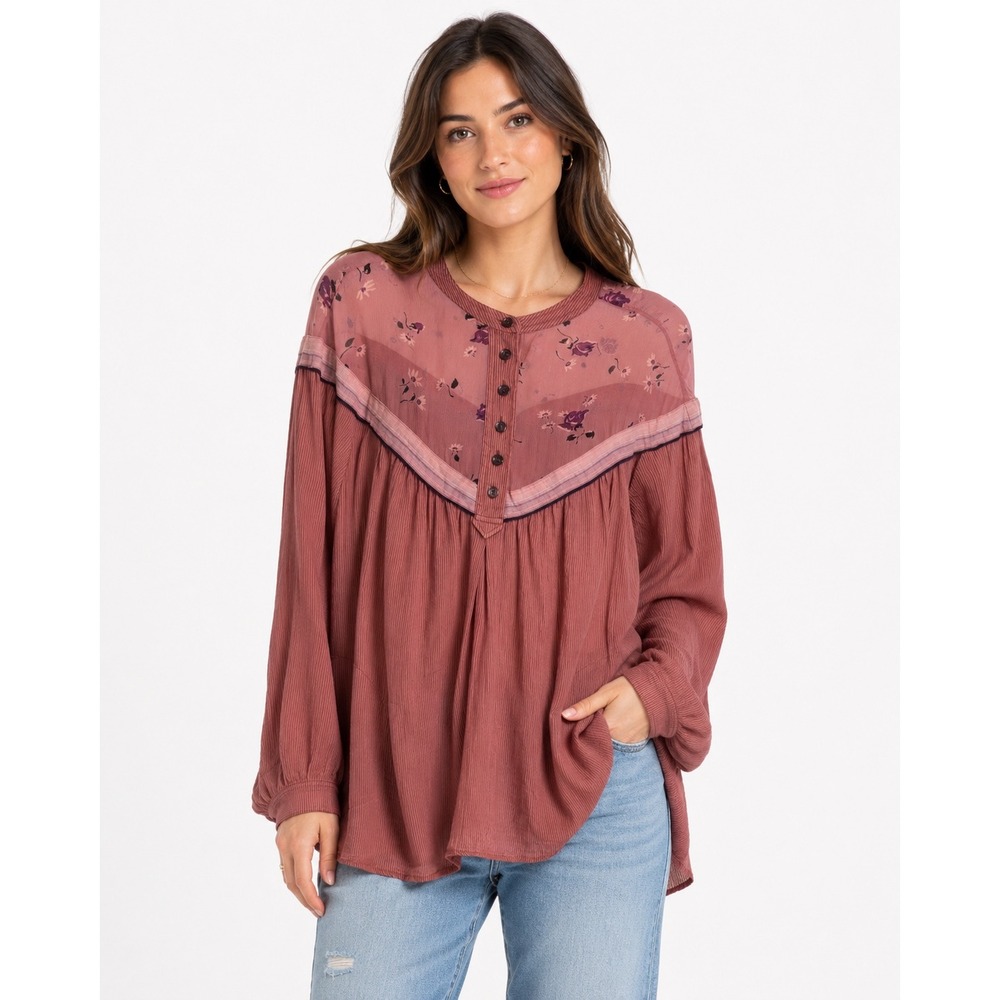 Free People Womens Boho Floral Mixed Media Tunic Top Dusty Rose Pink Size M‎